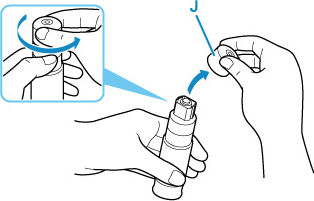 Hold the ink bottle upright and gently twist the bottle cap (J) to remove